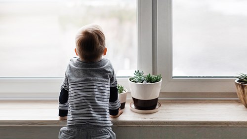 Criança a olhar pela janela no parapeito com plantas