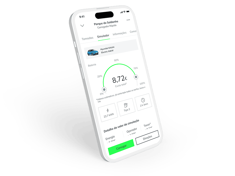 Ecrã da App EDP Charge onde é possível fazer a simulação dos carregamentos futuros e obter o detalhe dos valores