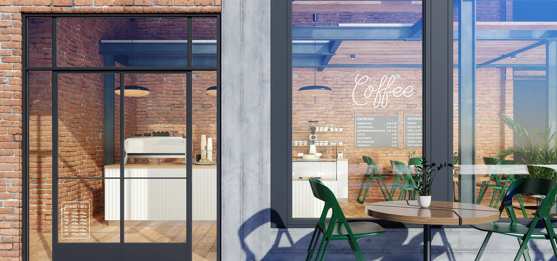 Explanada de um café com mesas e cadeiras 