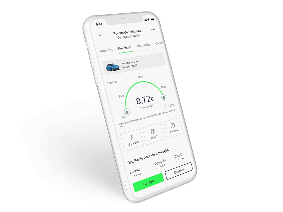 Aplicação EDP Charge com simulação de custo de carregamento
