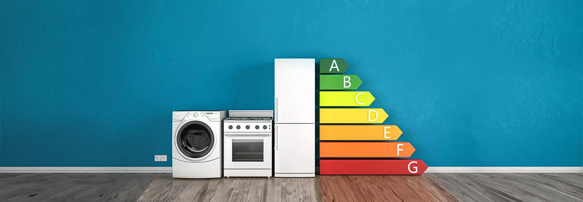 Maquina de lavar fogão e frigorífico com letras gigantes de eficiência energética